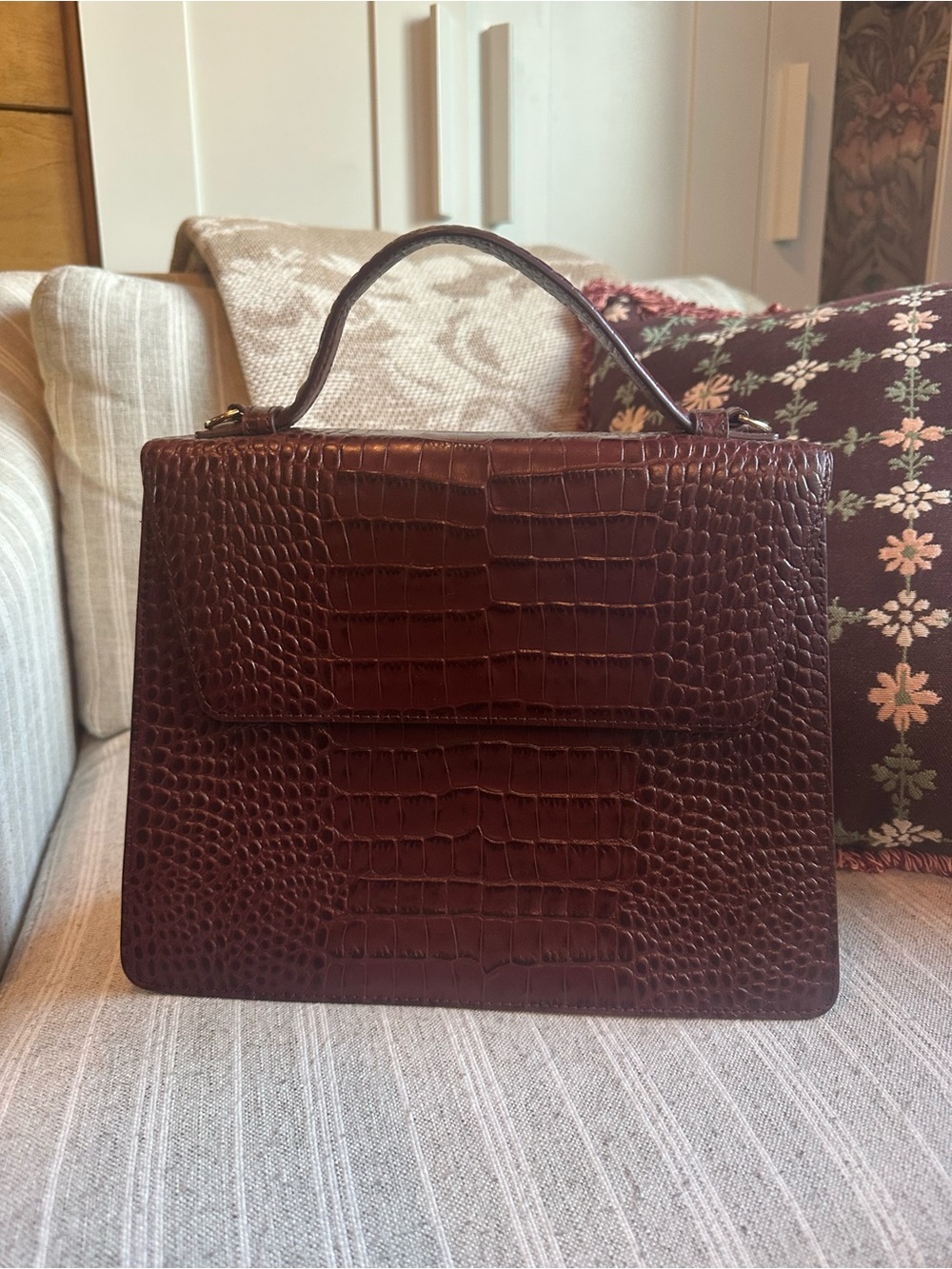 Nordstrom Croc-Embossed Top-Handle Leather Satchel in Chocolate Brown